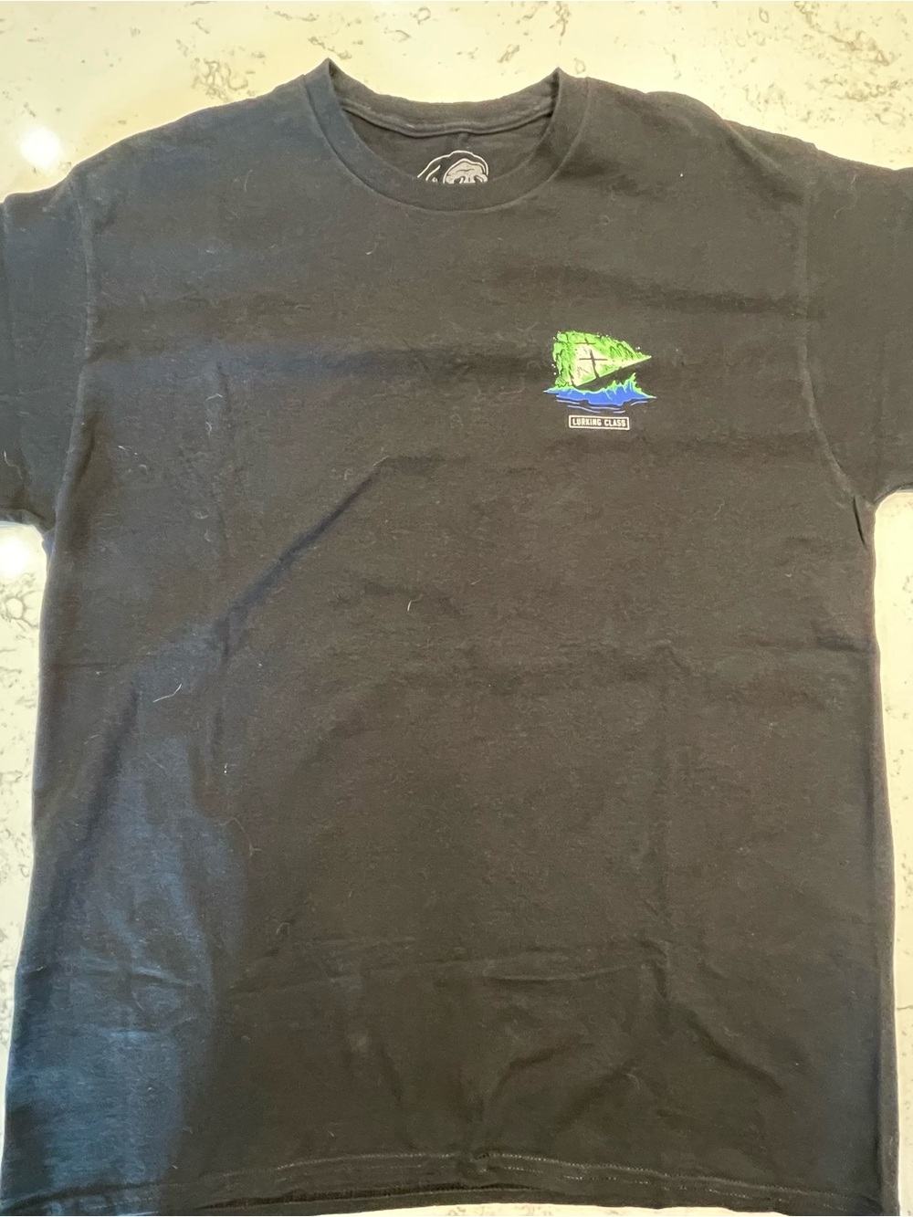 Black Lurking Class Graphic Tee with Small Sailboat Design